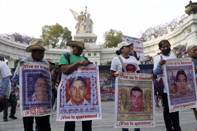 March 26, 2024, Mexico City, Mexico: Relatives of the Ayotzinapa victims  take part during a demonstration to demand justice for the disappearance of the 43 students of the rural school of Ayotzinapa Isidro Burgos after 9 years and 6 months. on March 26, 