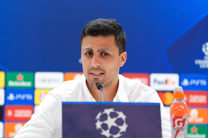 Rodri Hernandez of Manchester City attends his press conference before the UEFA Champions League, Quarter finals, football match against Real Madrid at Santiago Bernabeu stadium on April 8, 2024, in Madrid, Spain.