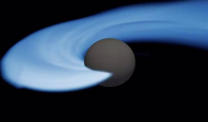 La coalescencia y fusión de un agujero negro con una brecha de masa inferior (superficie gris oscura) con una estrella de neutrones con colores que van del azul oscuro (60 gramos por centímetro cúbico) al blanco (600 kilogramos por centímetro cúbico)