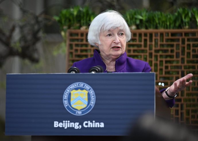 08 April 2024, China, Beijing: US Treasury Secretary Janet Yellen speaks to journalists. The 77-year-old ended her several-day visit to China on Monday, during which she met high-ranking representatives of the Chinese government. Photo: Johannes Neudecker