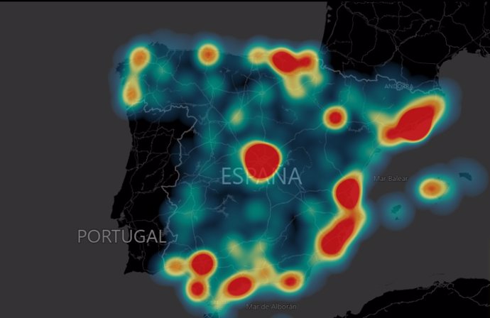 Mapa de calor que muestra la concentración de dispositivos IoT conectados en toda España