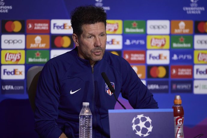 12 March 2024, Spain, Madrid: Atletico de Madrid coach Diego Pablo Simeone speaks during a press conference for the team ahead of Wednesday's UEFA Champions League round of 16 second leg soccer match against Inter Milan. Photo: Federico Titone/SOPA Images