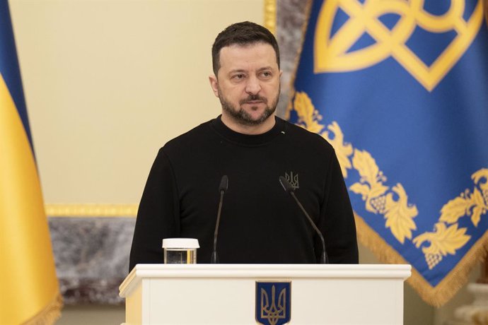 March 16, 2024, Kiev, Ukraine: Ukrainian President Volodymyr Zelenskyy delivers remarks during an awards ceremony for the athletes that took part in the Deaflympics winter games at the Awards Hall of the Mariinsky Palace, March 16, 2024 in Kiev, Ukraine.