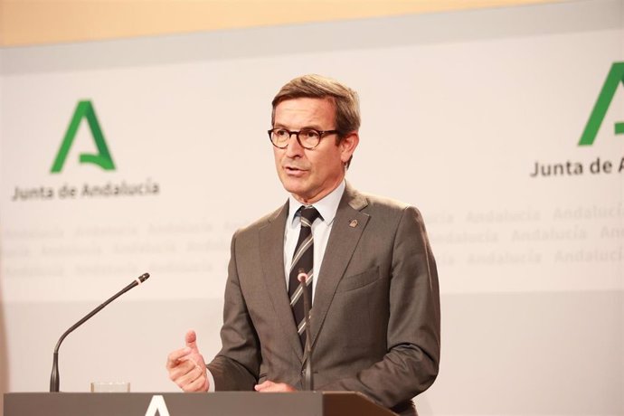 El consejero de Industria, Energía y Minas, Jorge Paradela, comparece en la rueda de prensa posterior al Consejo de Gobierno. A 9 de abril de 2024, en Sevilla (Andalucía, España). El Consejo de Gobierno de la Junta de Andalucía se reúne en el Palacio de S