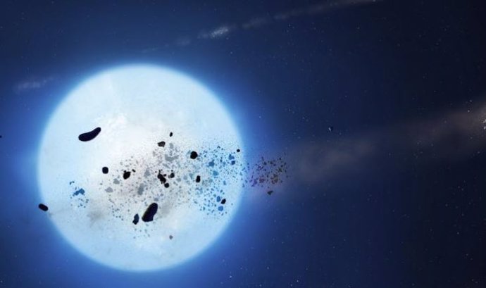Grupos de escombros de un planetesimal interrumpido están espaciados irregularmente en una órbita larga y excéntrica alrededor de la enana blanca.