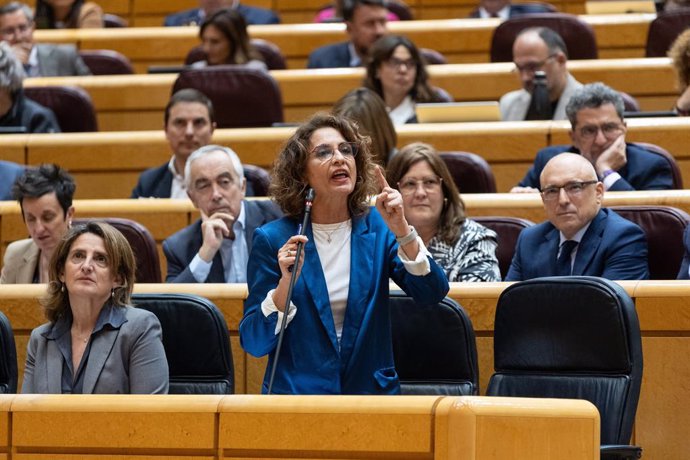 La vicepresidenta primera y ministra de Hacienda, María Jesús Montero, durante un pleno en el Senado, a 19 de marzo de 2024, en Madrid (España). La Mesa del Senado ha dado el visto bueno a tramitar la proposición de Ley orgánica de Amnistía y ha decidido 