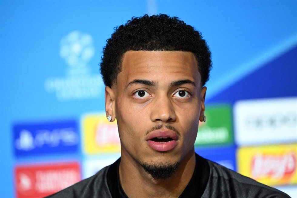 09 April 2024, Spain, Madrid: Dortmund's Felix Nmecha attends a press conference ahead of the UEFA Champions League quarter-final first leg soccer match against Atletico Madrid. Photo: Federico Gambarini/dpa