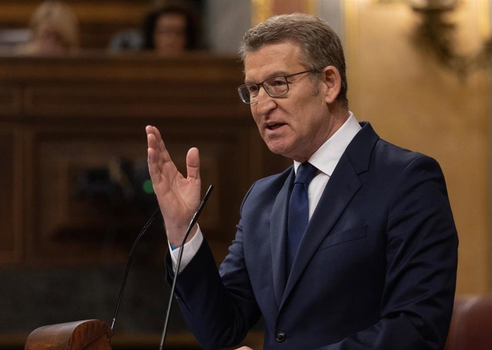 El líder del PP, Alberto Núñez Feijóo, interviene durante  una sesión plenaria, en el Congreso de los Diputados, a 10 de abril de 2024, en Madrid (España). 