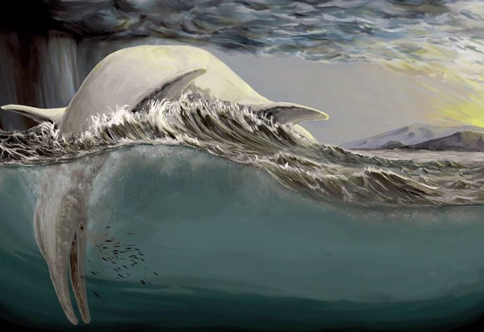 Una reconstrucción de un ictiosaurio gigantesco, flotando muerto en la superficie del océano.