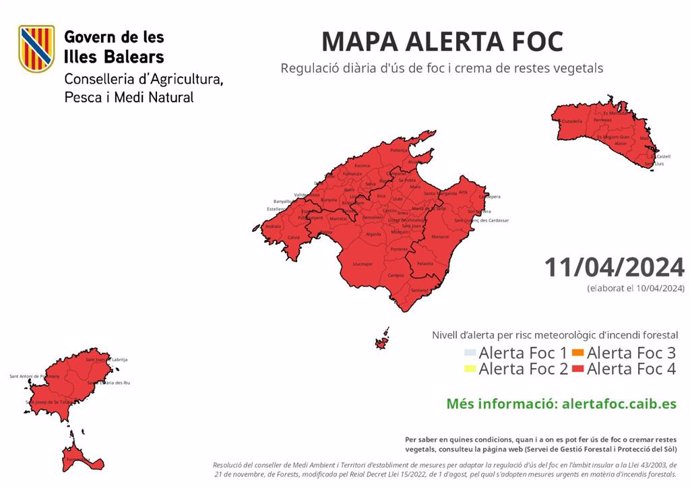 Mapa de alerta de fuego en Baleares, a 11 de abril de 2024.