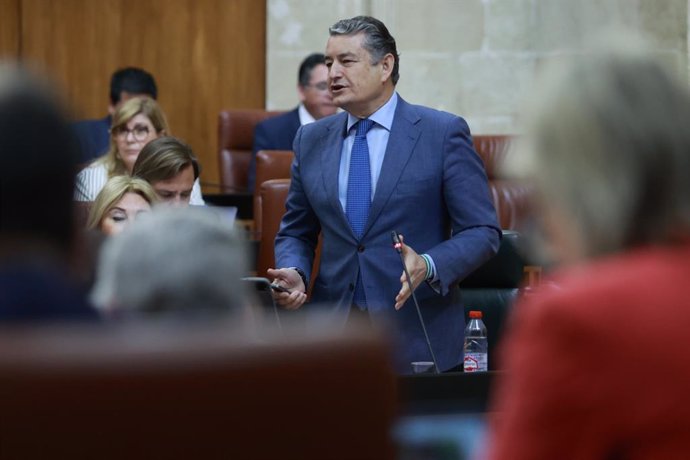 El consejero de la Presidencia, Interior, Diálogo Social y Simplificación Administrativa, Antonio Sanz, en el Pleno del Parlamento de Andalucía