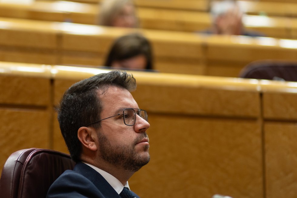 El presidente de la Generalitat de Catalunya, Pere Aragons,  durante la reunión de la Comisión General de las Comunidades Autónomas, en el Senado, a 8 de abril de 2024, en Madrid (España).