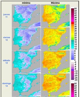 Mapas elaborados por la Aemet sobre la previsión de las máximas hasta el domingo día 14