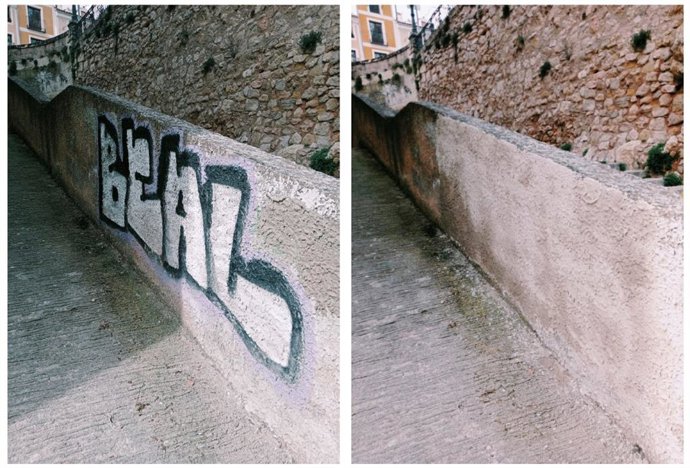 Grafiti tapado en el parque de Huécar en Cuenca.