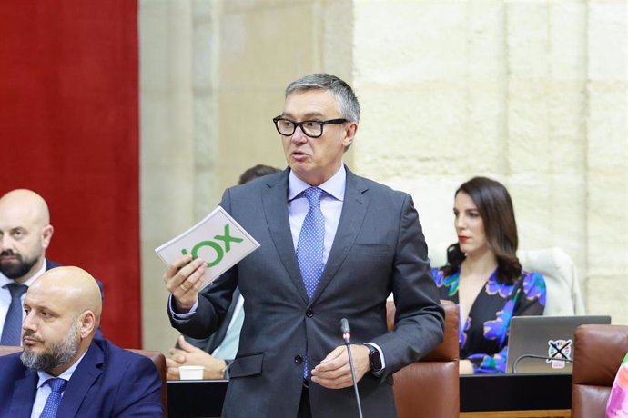 El portavoz del Grupo Parlamentario Vox, Manuel Gavira, interviene en la segunda jornada del Pleno del Parlamento andaluz. A 11 de abril de 2024, en Sevilla (Andalucía, España). Segunda jornada de Pleno, con  Sesión de Control al Gobierno y  preguntas de 