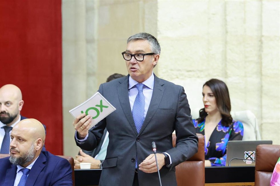 El portavoz del Grupo Parlamentario Vox, Manuel Gavira, interviene en la segunda jornada del Pleno del Parlamento andaluz. A 11 de abril de 2024, en Sevilla (Andalucía, España). Segunda jornada de Pleno, con  Sesión de Control al Gobierno y  preguntas d