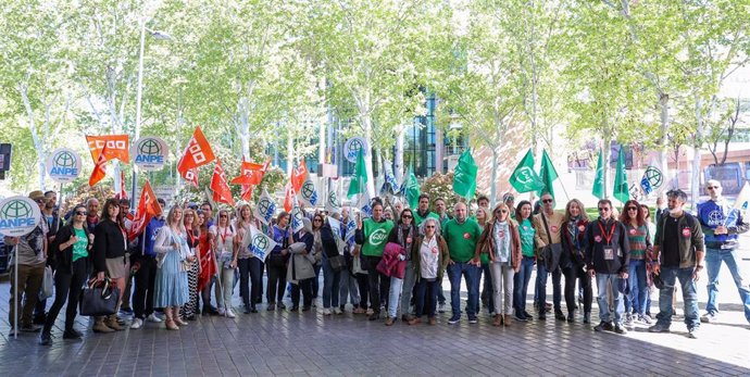 Los sindicatos educativos representados en la Mesa Sectorial de Educación de la Comunidad de Madrid se han concentrado este jueves frente a la Asamblea de Madrid para reclamar la bajada del horario lectivo