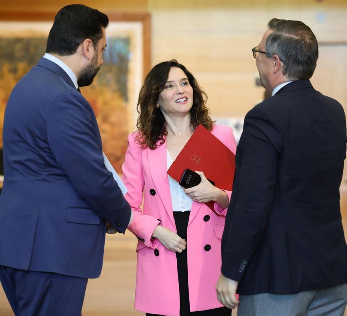 (I-D) El portavoz del Partido Popular en la Asamblea de Madrid, Carlos Díaz-Pache, la presidenta de la Comunidad de Madrid, Isabel Díaz Ayuso, y el secretario general del PP de Madrid, Alfonso Serrano