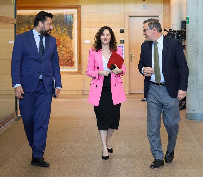 (I-D) El portavoz del Partido Popular en la Asamblea de Madrid, Carlos Díaz-Pache, la presidenta de la Comunidad de Madrid, Isabel Díaz Ayuso, y el secretario general del PP de Madrid, Alfonso Serrano, durante un pleno en la Asamblea de Madrid, a 11 de ab