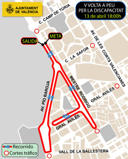 L'Ayunatmiento de València desplegarà un dispositiu especial de tràfic amb motiu de la V Volta a Peu per la Discapacitat, que aquest pròxim dissabte, 13 d'abril, de 18.00 a 19.10 hores, es dearrollará en el districte de Campanar.
