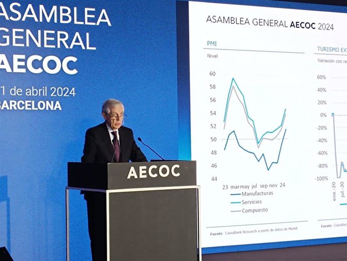 El presidente de Aecoc, Javier Campo, durante su intervención este jueves en la Asamblea General de la entidad, celebrada en Barcelona
