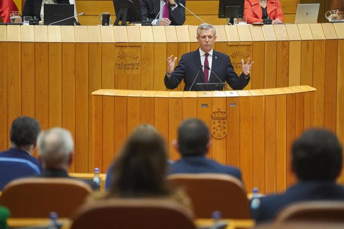 Alfonso Rueda interviene en el Parlamento de Galicia, durante el debate de la investidura.
