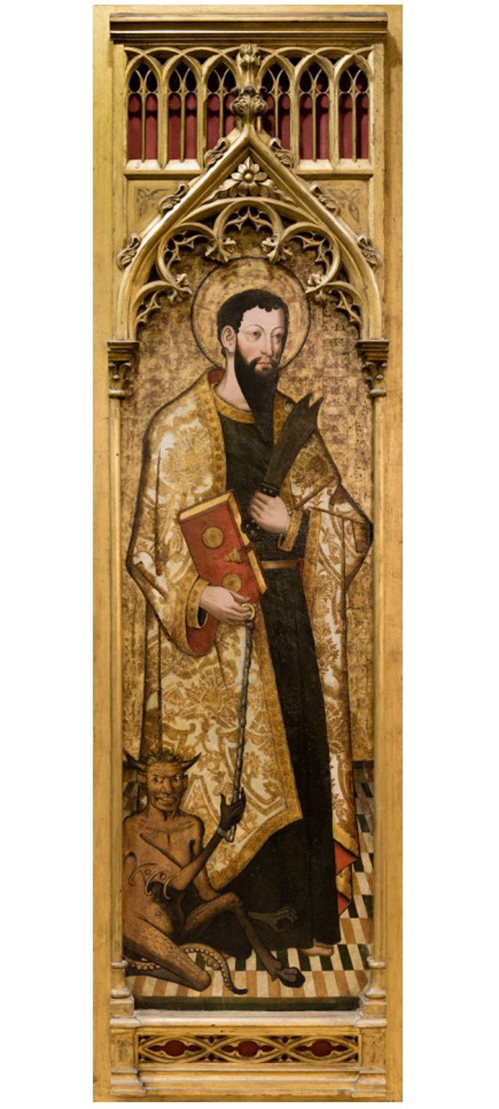 Pintura sobre tabla de San Bartolomé de cuerpo entero del siglo XVI.