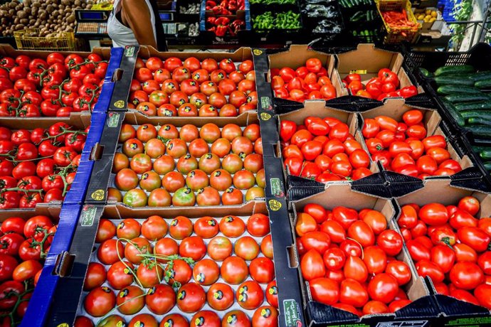 Archivo - Un puesto de tomates en un mercadillo al aire libre, a 31 de julio de 2022, en el distrito de Tetuán, Madrid (España). Las ventas totales de bienes de consumo aumentaron en junio el 11,5% respecto a 2021. La inflación en la mayoría de los produc