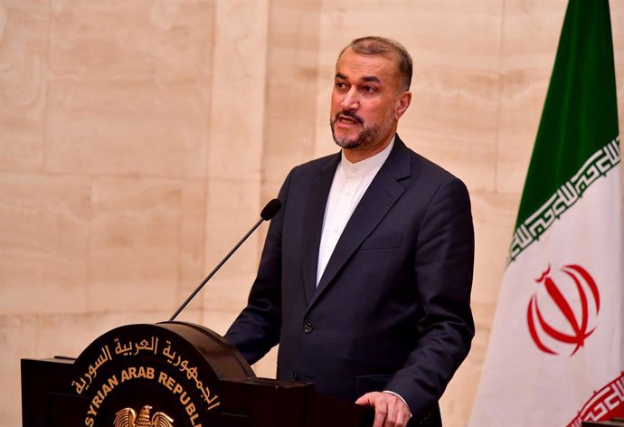 DAMASCUS, Feb. 12, 2024  -- Iranian Foreign Minister Hossein Amir-Abdollahian speaks at a joint press conference with his Syrian counterpart Faisal Mekdad?in Damascus, Syria on Feb. 11, 2024. Syrian Foreign Minister Faisal Mekdad reiterated on Sunday that