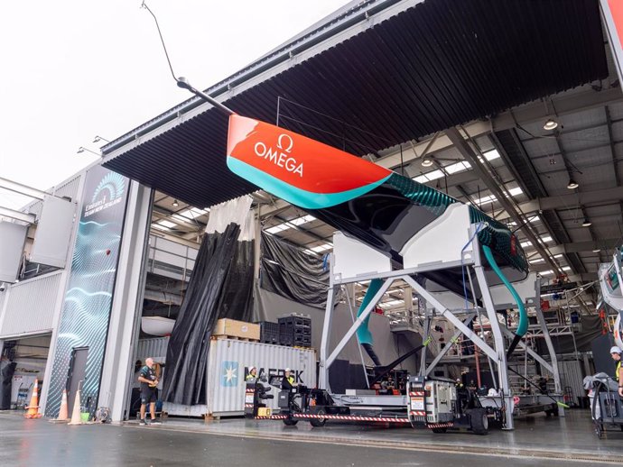 Emirates Team New Zealand new AC75 is rolled out of the shed for the first time in preparation for commissioning.