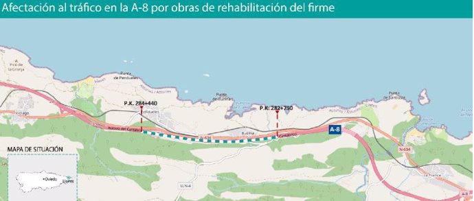Archivo - Afectación al tráfico desde este lunes 15 de abril por obras de rehabilitación en la autovía A-8 a la altura de Llanes