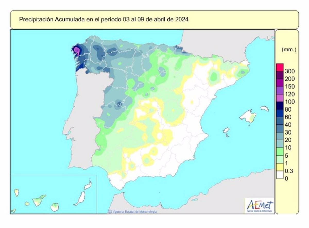 Las últimas lluvias sitúan las precipitaciones acumuladas en España un 14% por encima de lo normal
