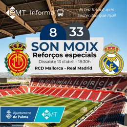 Refuerzo de las líneas 8 y 33 de la EMT para el partido RCD Mallorca-Real Madrid.