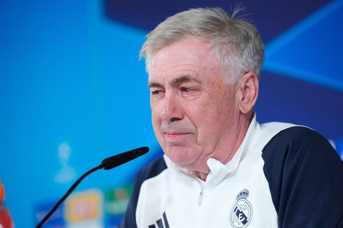Carlo Ancelotti attends his press conference after the training session of Real Madrid before the UEFA Champions League, Quarter finals, football match against Manchester City at Ciudad Deportiva Real Madrid on April 8, 2024, in Valdebebas, Madrid, Spain.
