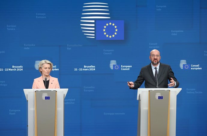 BRUSSELS, March 22, 2024  -- European Council President Charles Michel (R) and President of the European Commission Ursula von der Leyen attend a press conference during the European Union (EU) summit in Brussels, Belgium, on March 21, 2024. Leaders from 