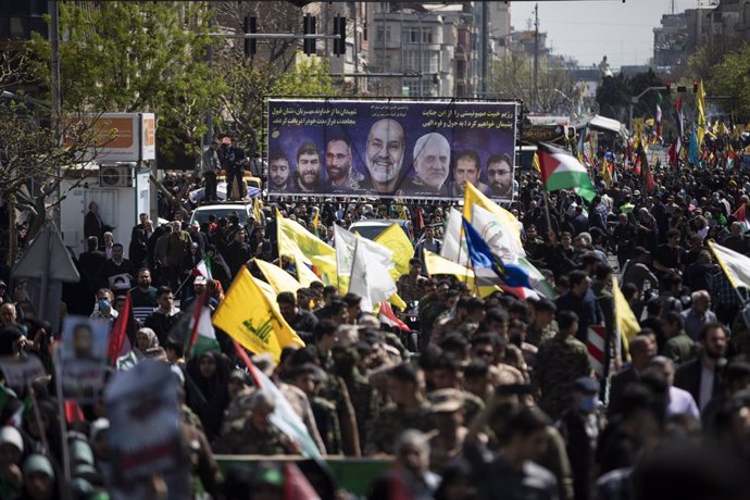 April 5, 2024, Tehran, Tehran, Iran: Iranians attend an annual rally to mark Quds Day, or Jerusalem Day, to support the Palestinians in Tehran, Iran, Friday, April 5, 2024. In the rally in Tehran, thousands attended a funeral procession for the seven Revo