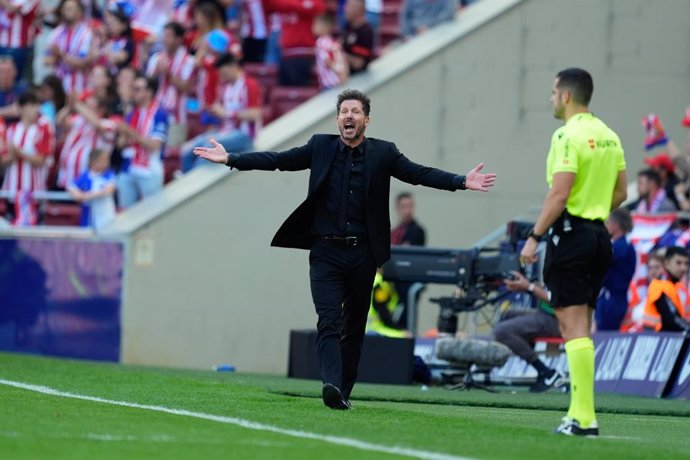 Diego Pablo Simeone, head coach of Atletico de Madrid, gestures during the Spanish League, LaLiga EA Sports, football match played between Atletico de Madrid and Girona FC at Civitas Metropolitano stadium on April 13, 2024 in Madrid, Spain.
