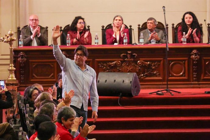 Santiago, 13 abril 2024.  El Partido Comunista realiza acto de lanzamiento de su XXVII Congreso.  Marcelo Hernandez/Aton Chile