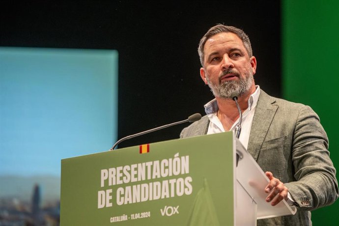 El líder de Vox, Santiago Abascal, a 11 de abril de 2024, en Terrassa, Barcelona, Catalunya (España). 