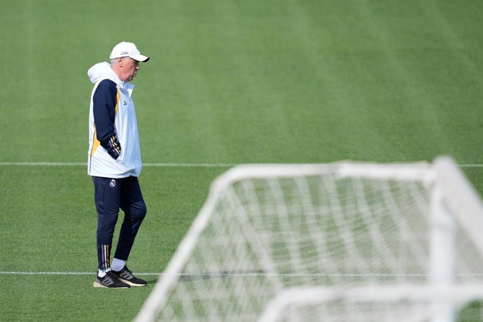 Carlo Ancelotti during the training session of Real Madrid before the UEFA Champions League, Quarter finals, football match against Manchester City at Ciudad Deportiva Real Madrid on April 8, 2024, in Valdebebas, Madrid, Spain.