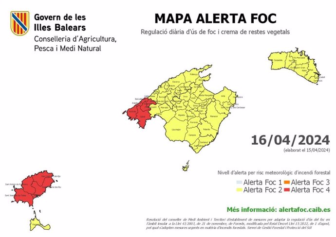 Mapa de alerta de fuego en Baleares, a 16 de abril de 2024.