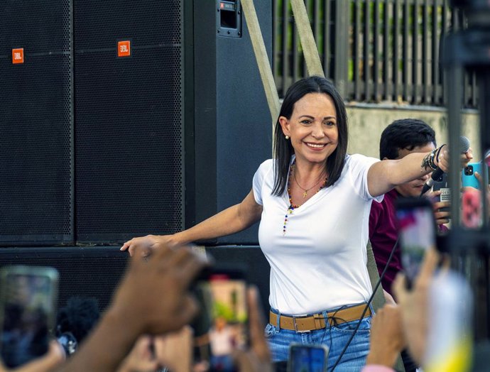 Archivo - January 23, 2024: Candidate Maria Corina Machado, leader of the Venezuelan opposition, at Plaza Belgica in Altamira, in Caracas, on January 23, 2024.