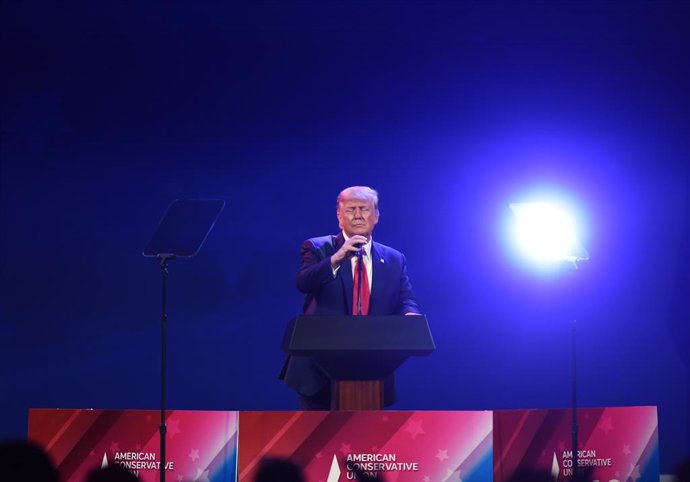Archivo - 28 February 2021, US, Orlando: Former US President Donald Trump speaks during the Conservative Political Action Conference (CPAC) 2021 at the Hyatt Regency. In his first public appearance since leaving office, former US President Donald Trump ha