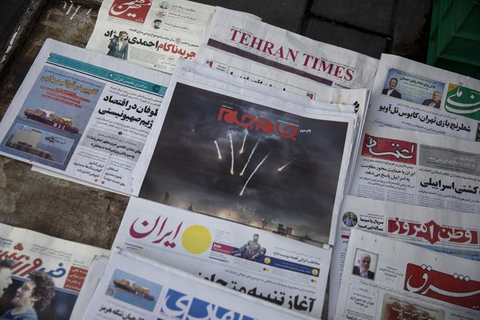 April 14, 2024, Tehran, Tehran, Iran: Edition of the Iranian state daily, Jam-e-jam showing Iranian missiles toward Israel in a poster depicting on Sunday, April 14, 2024. Israel on Sunday hailed its air defenses in the face of an unprecedented attack b