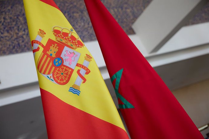 Archivo - Banderas de España y Marruecos durante la visita del ministro de Asuntos Exteriores, Unión Europea y Cooperación, José Manuel Albares, a Rabat