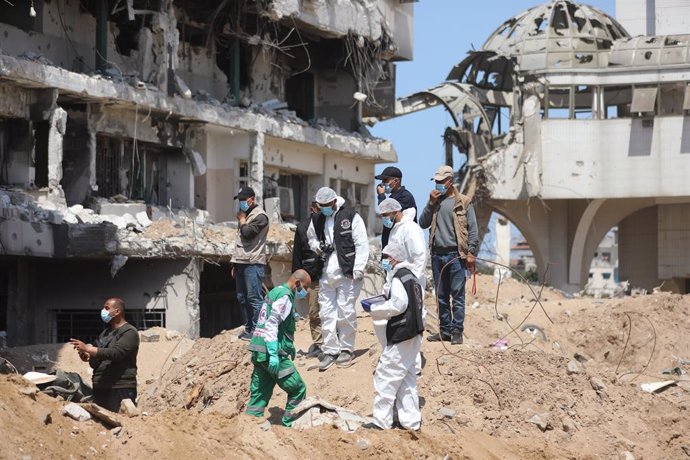 GAZA, April 9, 2024  -- Staff members work near Al-Shifa Hospital in Gaza City, April 8, 2024.