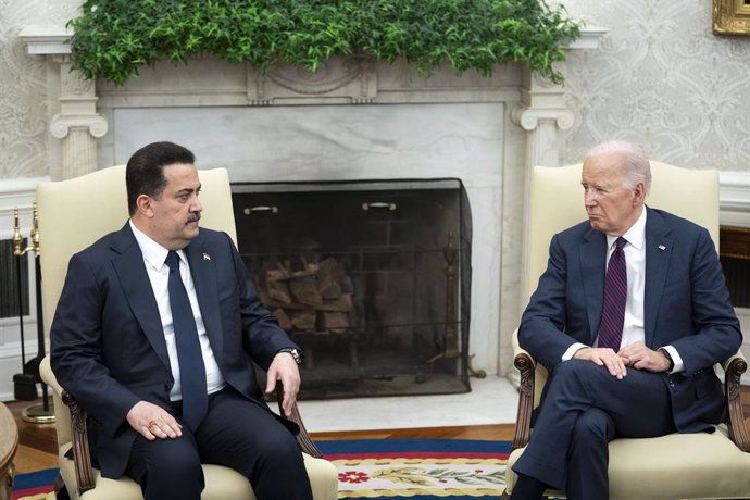 April 15, 2024, Washington, District Of Columbia, USA: United States President Joe Biden meets with Prime Minister of Iraq Mohammed Shia' Al Sudani in the Oval Office at the White House in Washington, DC on Monday, April 15, 2024
