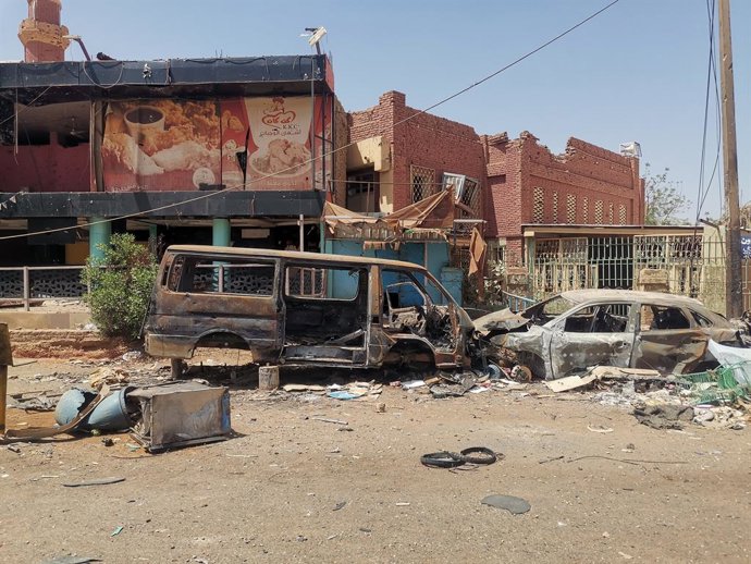 KHARTOUM, April 16, 2024  -- This photo taken with a mobile phone on April 14, 2024 shows a view of a devastated market in Omdurman, Sudan. The market, which used to be crowded with customers and full of commodities, has now become more like a ghost tow