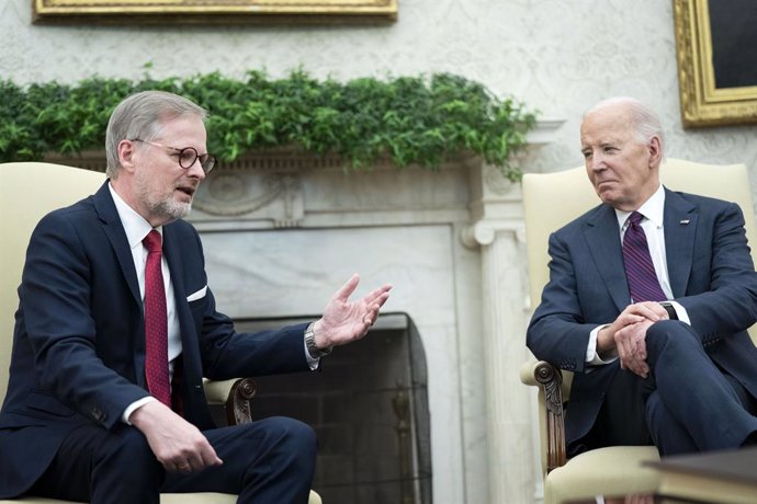 April 15, 2024, Washington, District Of Columbia, USA: United States  President Joe Biden meets with Prime Minister Petr Fiala of the Czech Republic in the Oval Office of the White House in Washington, DC on Monday, April 15, 2024