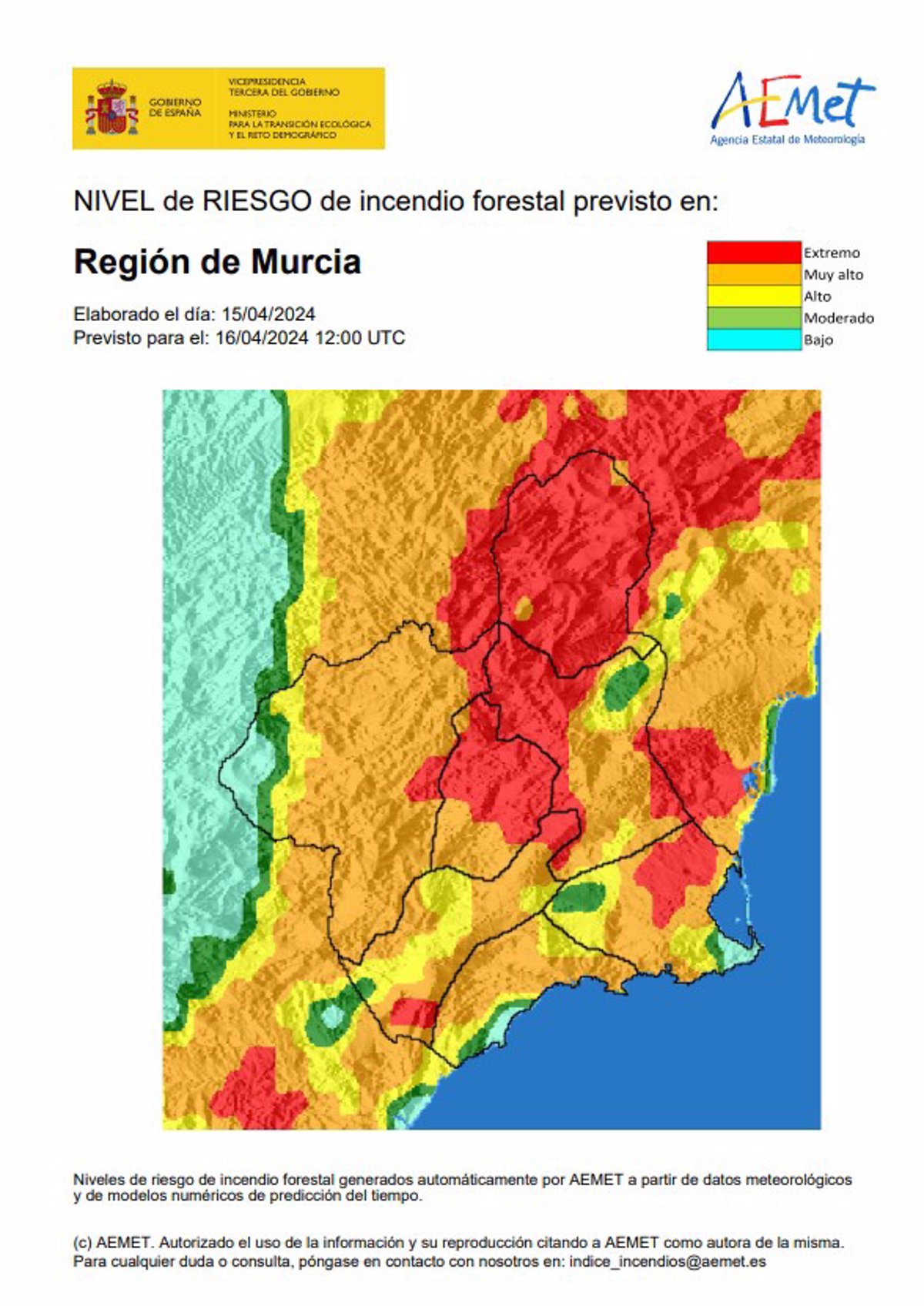 El nivel de riesgo de incendio forestal es extremo o muy alto este martes en la Región de Murcia